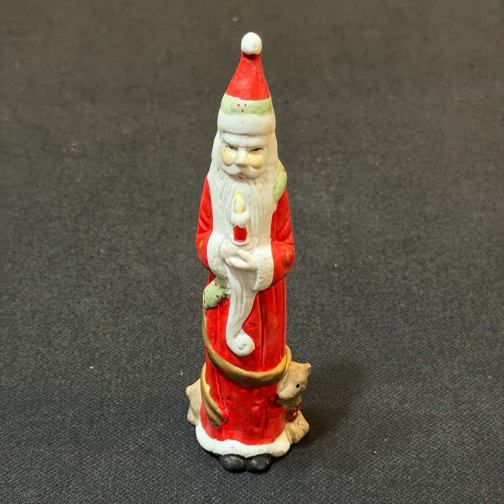 Vintage Ceramic Santa Claus Figurine with Candle and Bear 7.5 Inch